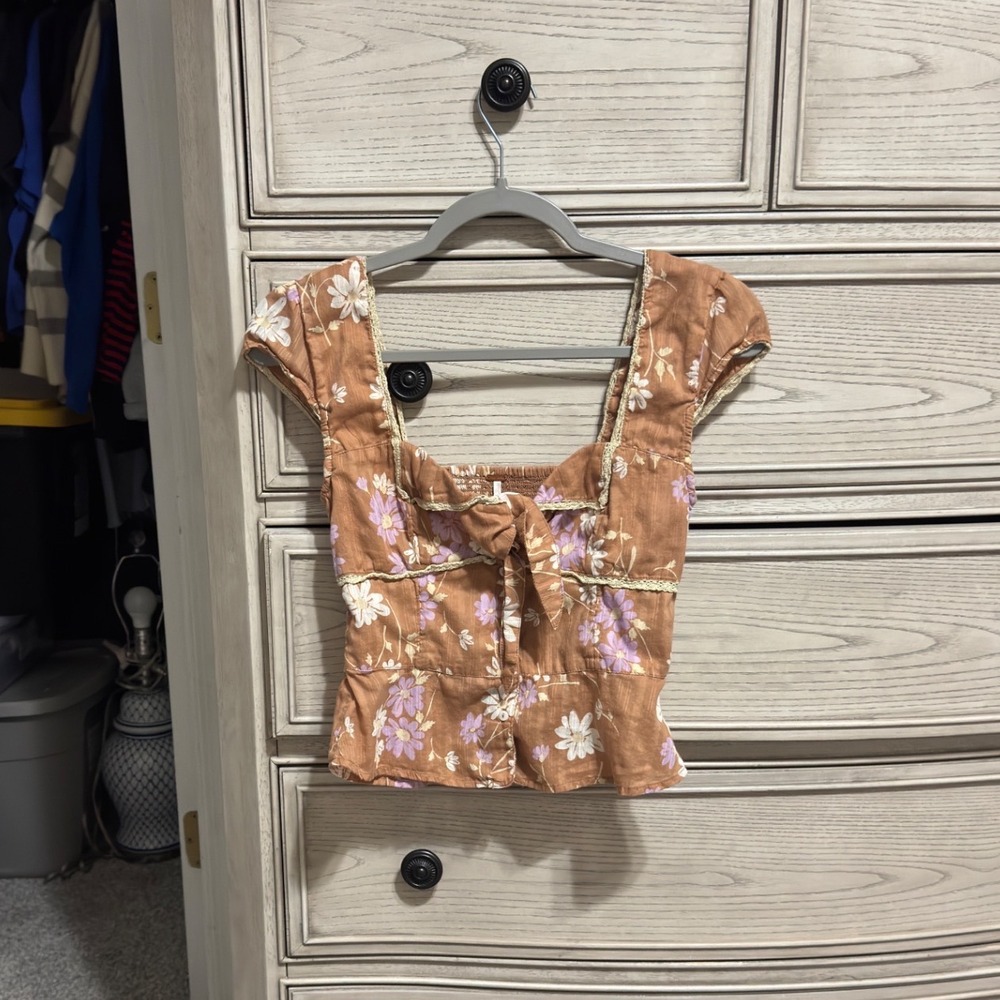 Free People Floral Smocked Peplum Top Brown Purple Lace Trim Tie Front XS